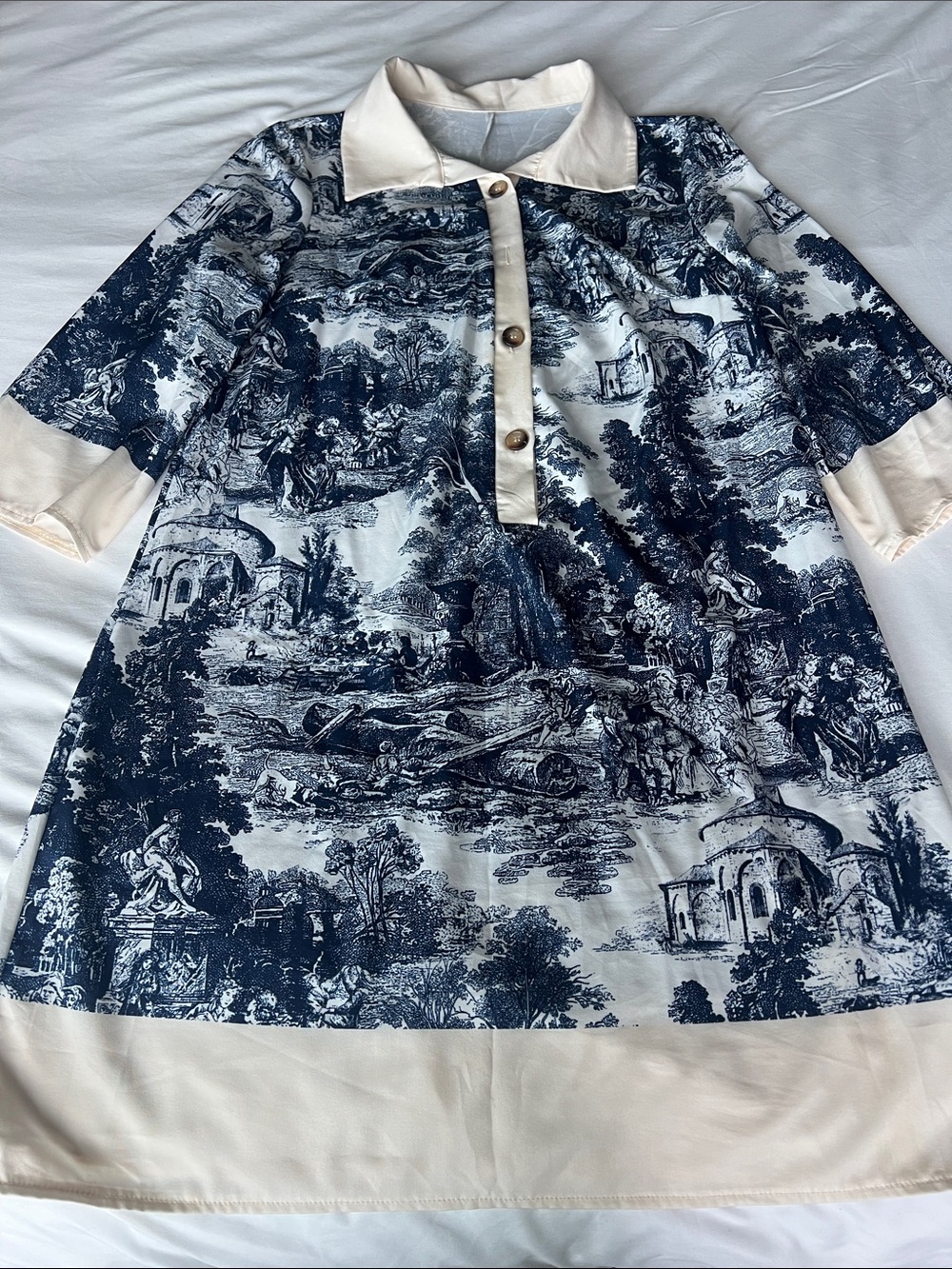 Women’s Navy Toile Print Polo Dress with Cream Trim